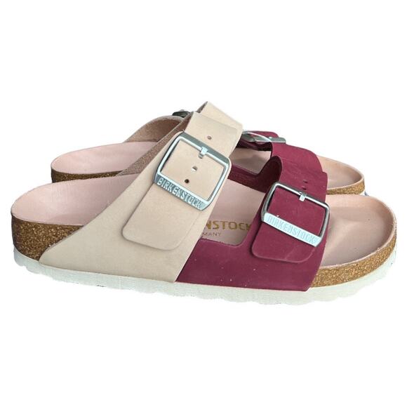 Birkenstock Two-Tone Burgundy and Beige Arizona Sandals - Picture 2 of 13